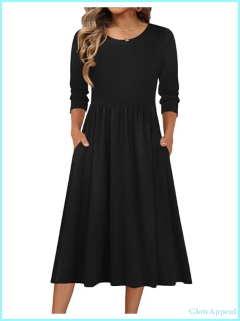 Women's 3/4 Sleeve Midi A-Line Dress with Pockets Casual